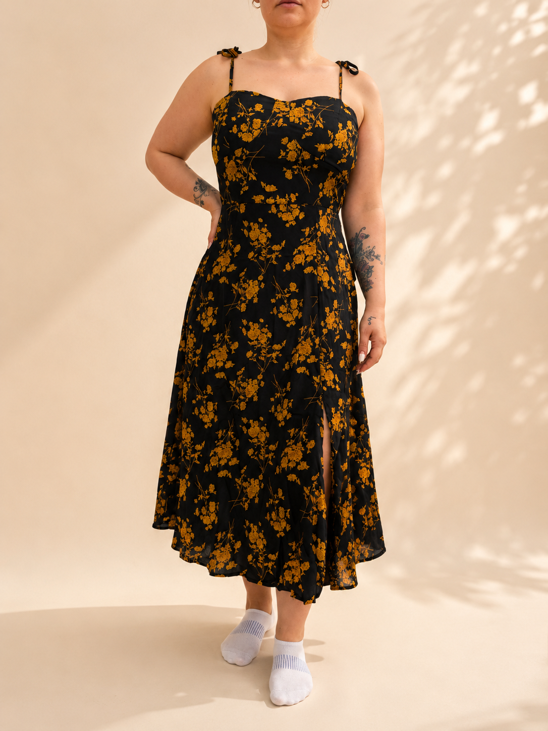 Black & Mustard Floral Tie-Strap Midi Dress - Flow Summer Occasion Dress