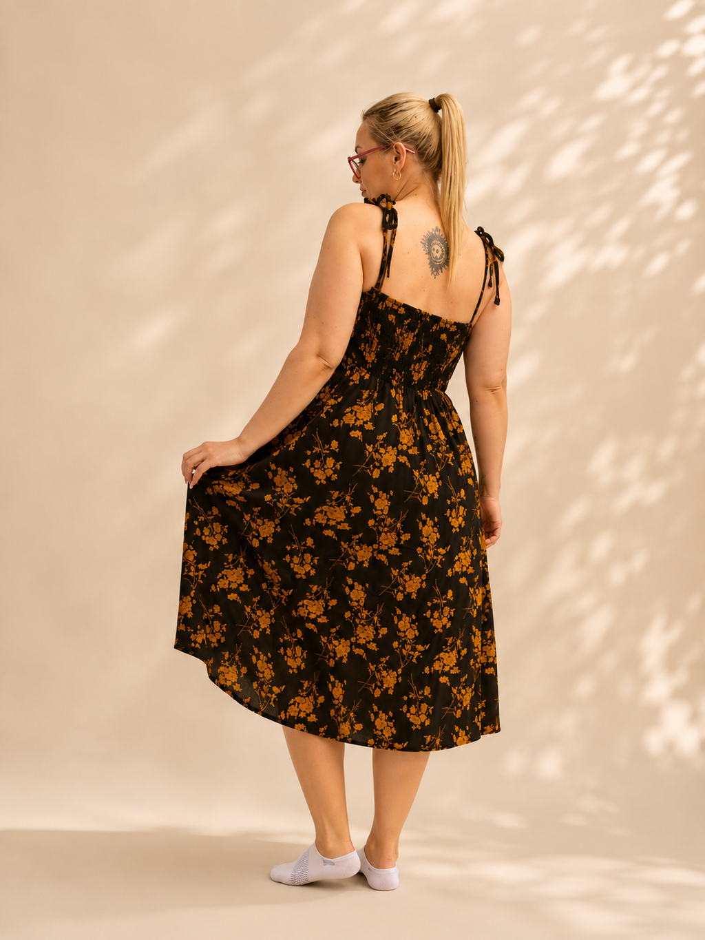 Black & Mustard Floral Tie-Strap Midi Dress - Flow Summer Occasion Dress