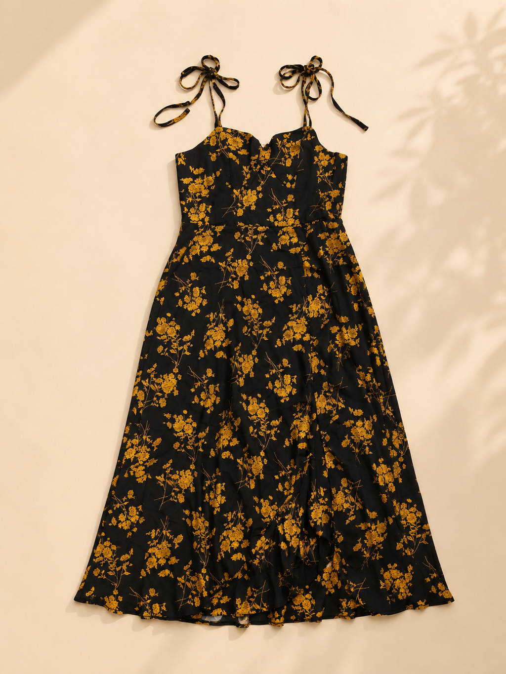 Black & Mustard Floral Tie-Strap Midi Dress - Flow Summer Occasion Dress