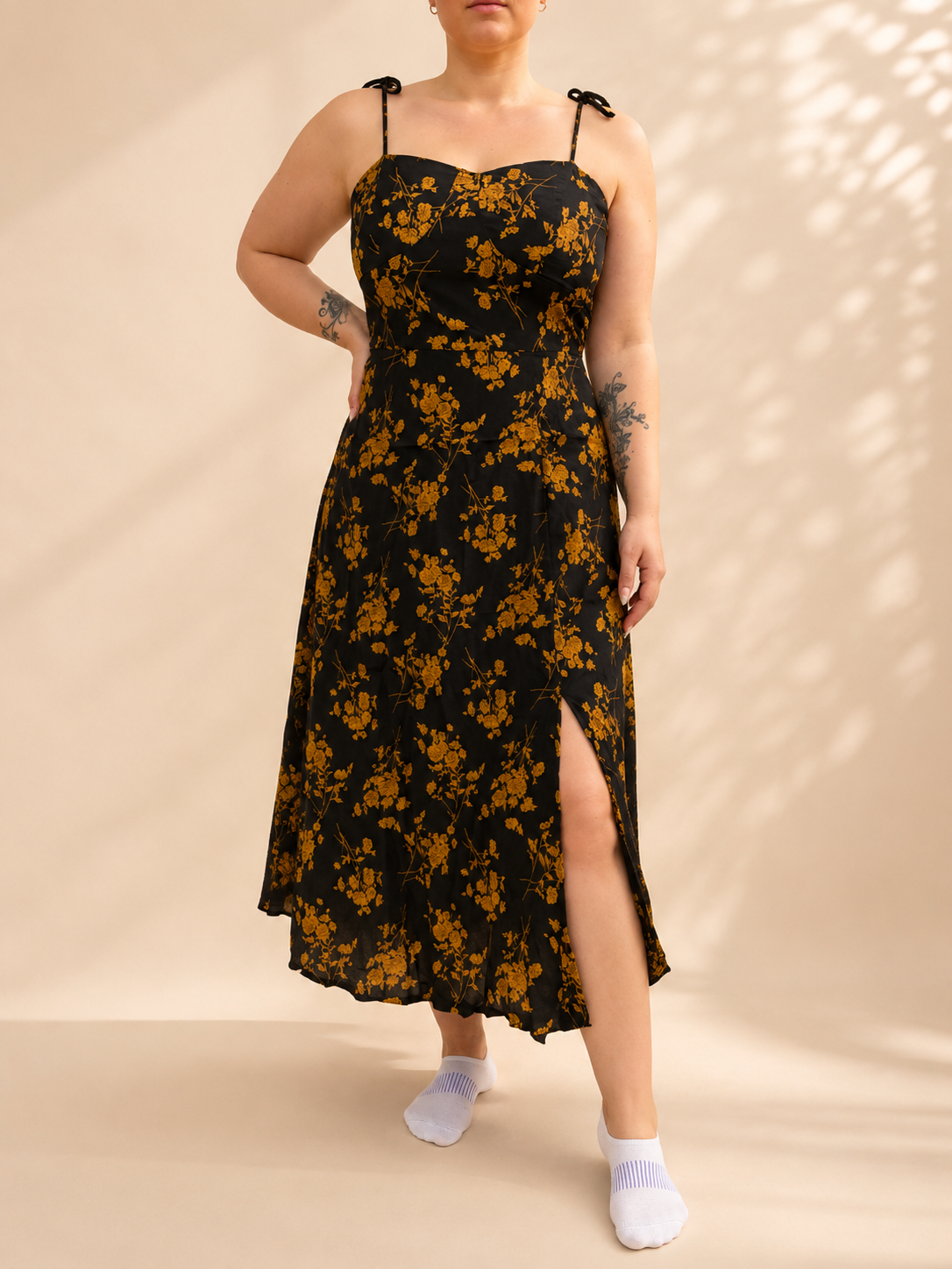 Black & Mustard Floral Tie-Strap Midi Dress - Flow Summer Occasion Dress